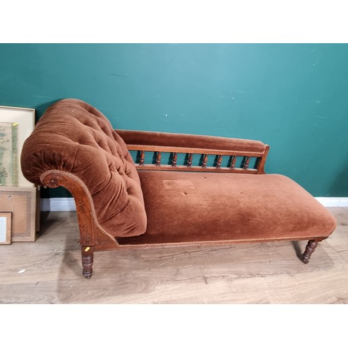 834 - An Edwardian carved Chaise Longue with brown button upholstery, 6ft L L(R7)