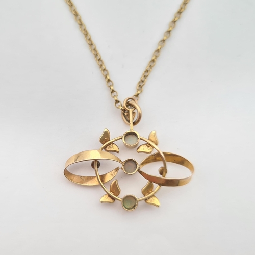 154 - An Opal and Seed Pearl Pendant the openwork plaque set three round opals within seed pearls on 9ct g... 