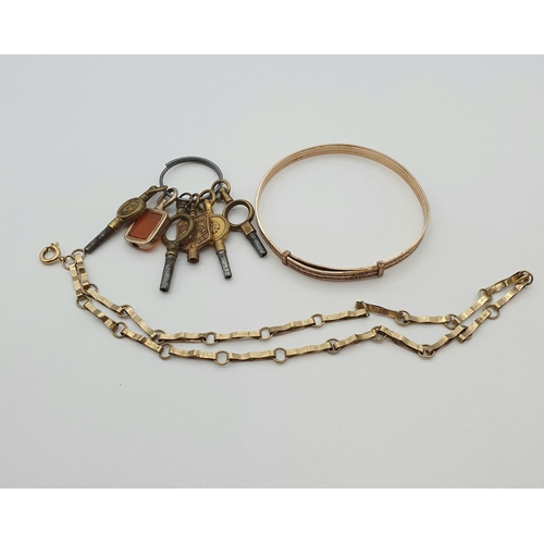 164 - A flat link gold Necklace marked 9ct, approx 4.20gms, a rolled gold expanding Bracelet and a bunch o... 