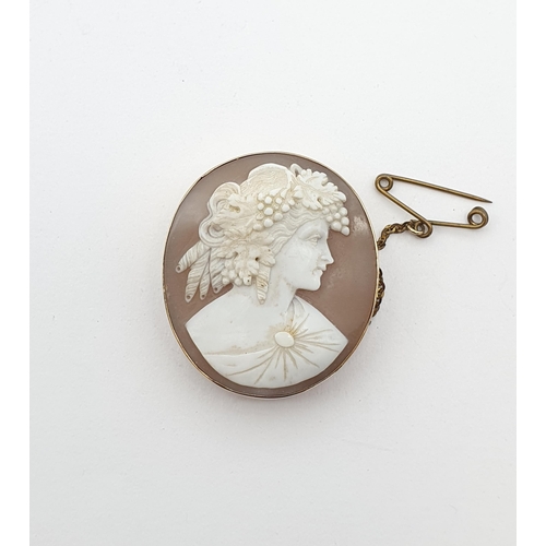 165 - A carved shell Cameo Brooch of bust in profile with fruiting vine to hair in gold frame stamped 9ct