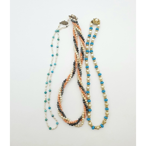 174 - A river pearl and turquoise bead Necklace, a rope twist bead Necklace and Another