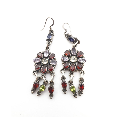 189 - A pair of Indian multi-gem Ear Pendants each set garnets, amethysts etc in silver, approx 6cms long