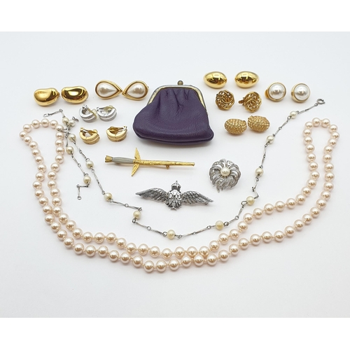 194 - Two simulated pearl Necklaces, various costume Ear Clips, a silver RAF Brooch and a gilt metal Dirk ... 