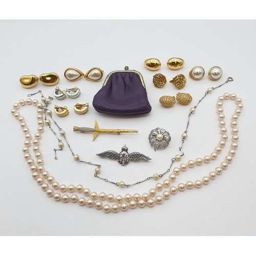 194 - Two simulated pearl Necklaces, various costume Ear Clips, a silver RAF Brooch and a gilt metal Dirk ... 