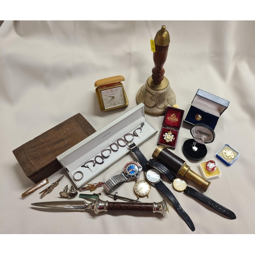 203 - A small collection of Costume Jewellery, Wristwatches, silver Bracelet, travel Clock, Hand Bell, Mon... 