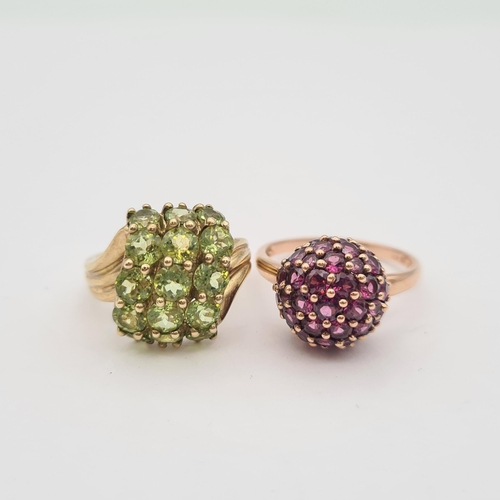 211 - Two 9ct gold Dress Rings set pink and green stones, ring sizes S and O, approx 8.60gms total weight