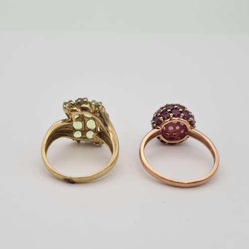 211 - Two 9ct gold Dress Rings set pink and green stones, ring sizes S and O, approx 8.60gms total weight