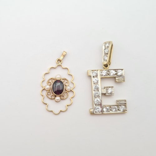 212 - A 9ct gold Pendant set oval garnet within cultured pearls and  a 9ct gold 'E' Pendant set synthetic ... 