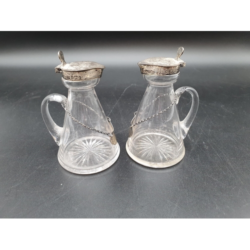 108 - A pair of Edward VII silver mounted cut glass Toddy Flasks and Whisky Labels, Birmingham 1903