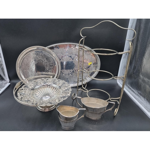 109 - Plated Items: Cake Basket with swing handle, oval Gallery Tray, circular Salver, three tier Cakestan... 