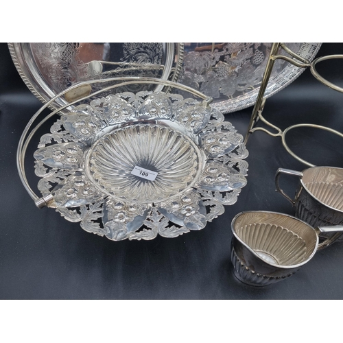 109 - Plated Items: Cake Basket with swing handle, oval Gallery Tray, circular Salver, three tier Cakestan... 