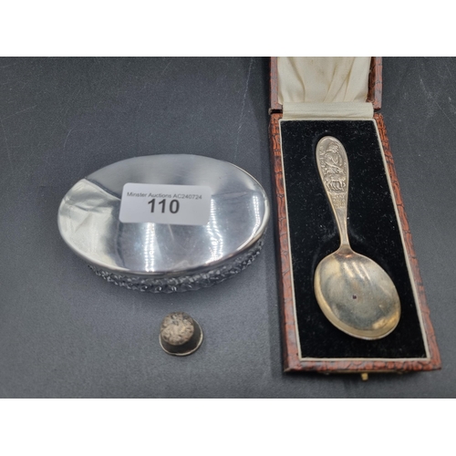 110 - A George V Scottish silver Child's Spoon Mary had a Little lamb, Glasgow 1929, in case, a Thimble, B... 