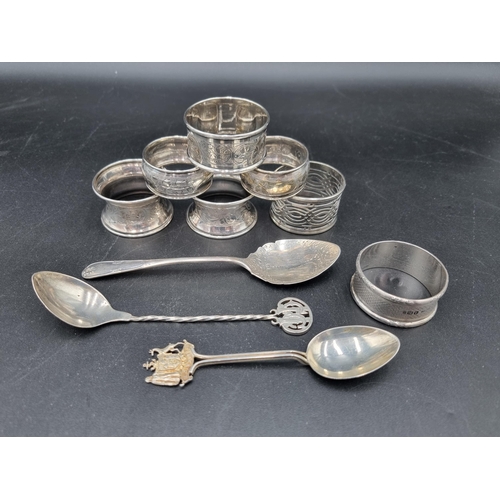 111 - Six various silver Napkin Rings, another, plated, Jam Spoon, Sheffield 1905, and two other silver Sp... 