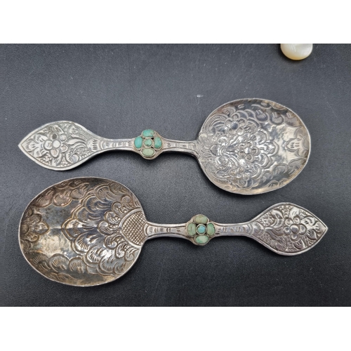 114 - Two foreign silver Spoons inset turquoise, plated Condiment Set, two pairs of  Knife Rests, oval Com... 