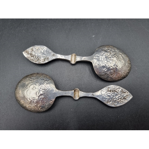 114 - Two foreign silver Spoons inset turquoise, plated Condiment Set, two pairs of  Knife Rests, oval Com... 