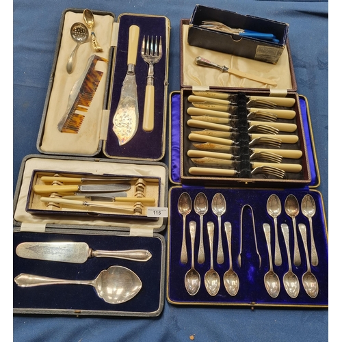 115 - A set of one dozen plated Teaspoons and Sugar Tongs, pair of Fish Servers, Fish eaters, pair of Serv... 