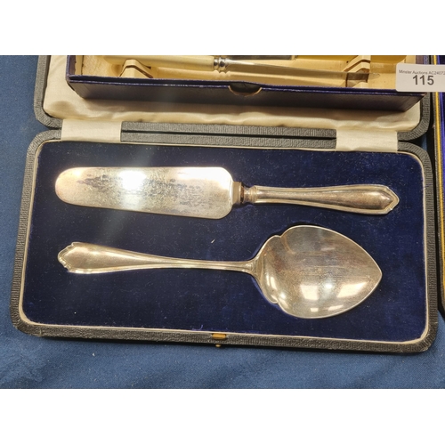 115 - A set of one dozen plated Teaspoons and Sugar Tongs, pair of Fish Servers, Fish eaters, pair of Serv... 