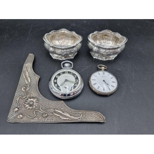 118 - A pair of Continental oval Salts with embossed design and glass liners, a Swiss silver cased Fob Wat... 