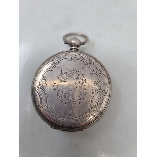 118 - A pair of Continental oval Salts with embossed design and glass liners, a Swiss silver cased Fob Wat... 