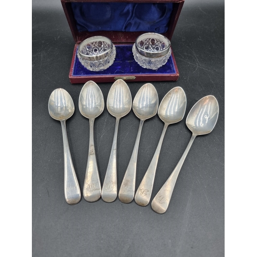 119 - Six Georgian silver Teaspoons old english pattern engraved initials, various dates and a pair of sil... 