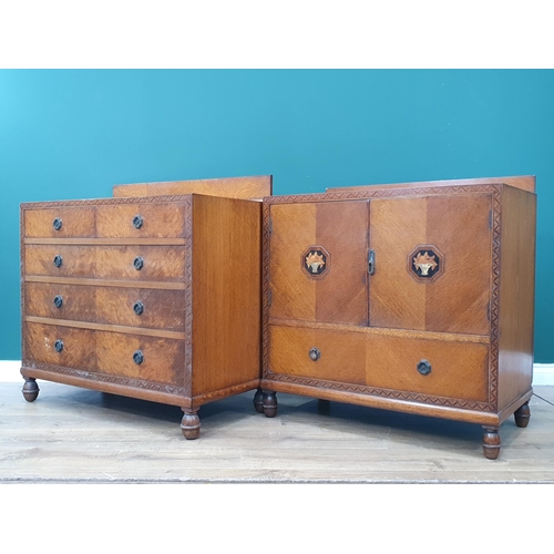 12 - An oak Chest of two short and three long drawers surrounded by parquetry inlay, 3ft W, and a matchin... 