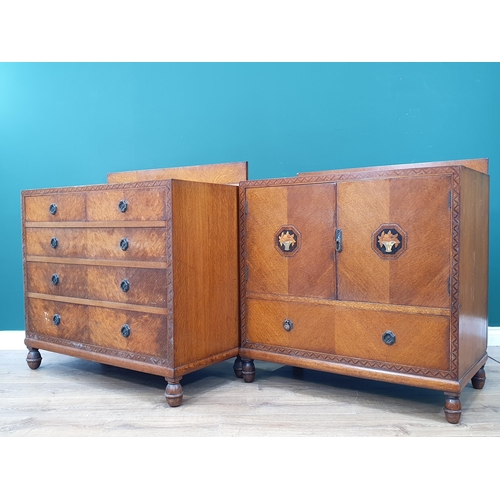 12 - An oak Chest of two short and three long drawers surrounded by parquetry inlay, 3ft W, and a matchin... 