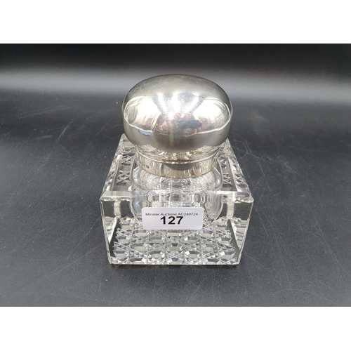 127 - A George V silver lidded heavy square glass Inkwell, Birmingham 1913