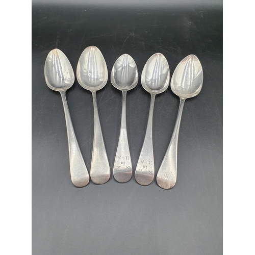 137 - Five Georgian silver Table Spoons old english pattern, various dates and makers, 300gms