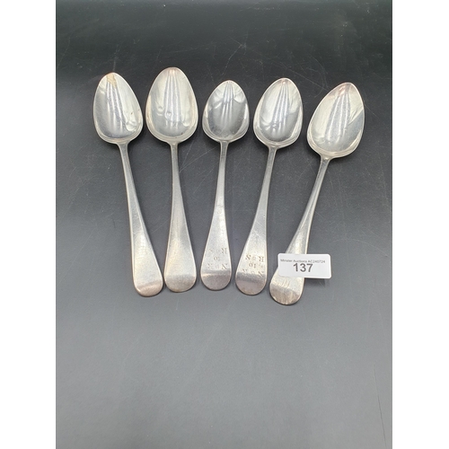 137 - Five Georgian silver Table Spoons old english pattern, various dates and makers, 300gms