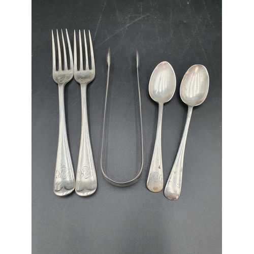 139 - A pair of George III silver Sugar Tongs, London 1806, two Dessert Forks, Sheffield 1917 and four Tea... 