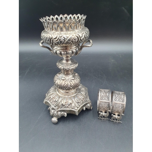 143 - A Continental silver Centre Piece with two handled vase surmount, leafage embossed, 6 1/2in, A/F, an... 