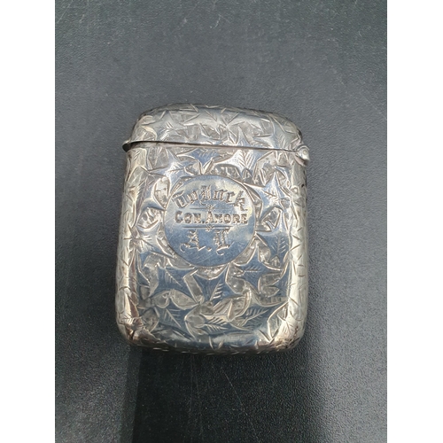 148 - A silver and inset hardstone Vesta Case engraved shamrocks and inscription, harp cartouche