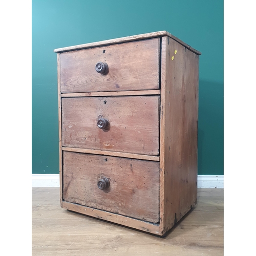 17 - An antique pine bank of three drawers on shallow turned supports, 3ft 1in H x 2ft 3in W x 1ft 8in D,... 