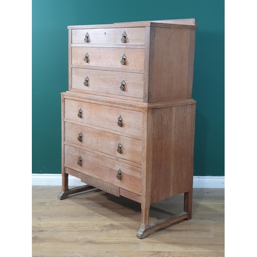 20 - A limed oak Chest on Chest of six drawers, the base with squared supports and stretchers, 4ft 4in H ... 