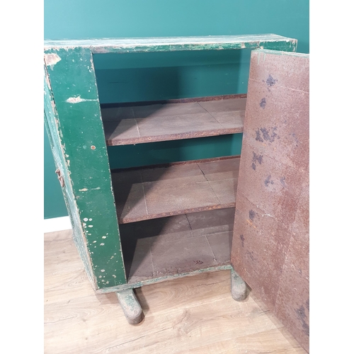 21 - A 19th Century green painted Huffer, fitted single panel door enclosing metal lined shelves with ope... 