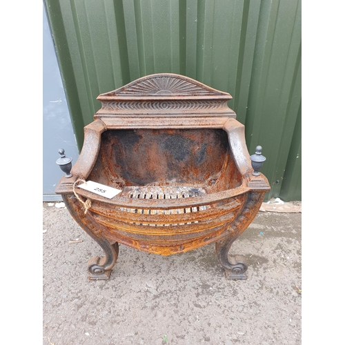 255 - A cast iron Fire Basket with brass finials and scroll front supports, 2ft 1in H x 1ft 11in W.