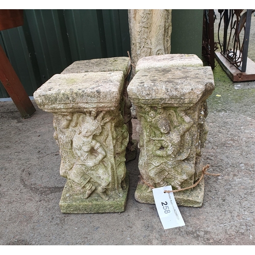 258 - Four Composite Garden Plinths with oriental dancing figures decoration, A/F, 1ft 1