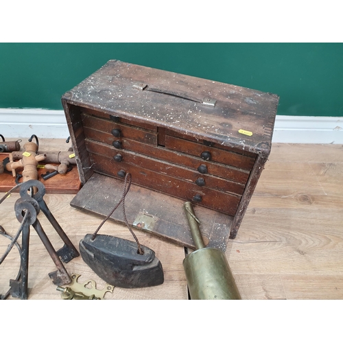 293 - A wooden Tool Chest/Box with seven fitted drawers, two reproduction bunches of Church Keys, a Mincer... 