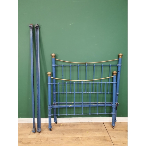 294 - A blue painted Victorian brass and cast Bed with rails, 4ft Wide. (R8).