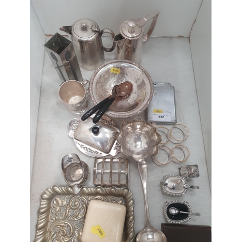 332 - Silver Plated items including Coffee Pots, embossed Tray, Pedestal Bowl, Napkin Rings, Ladles, Toast... 