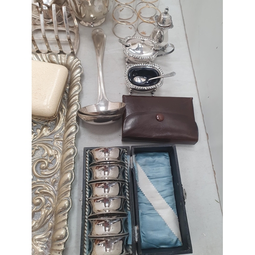 332 - Silver Plated items including Coffee Pots, embossed Tray, Pedestal Bowl, Napkin Rings, Ladles, Toast... 