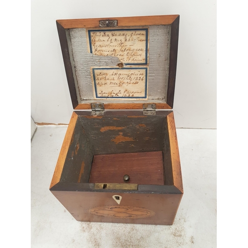 348 - A small inlaid Tea Caddy, a treen Decanter Case with small Decanter, (R5)