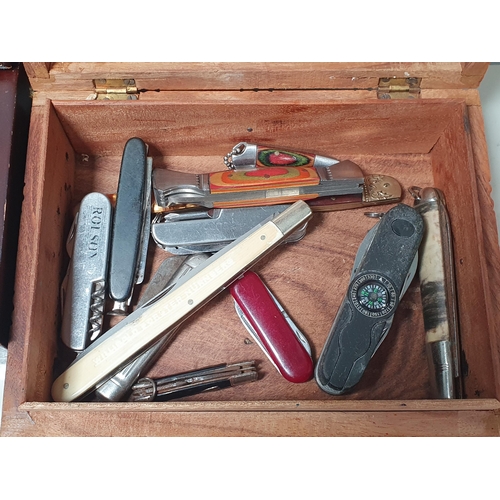 357 - Two boxes of Pen and Pocket Knives including some antique with antler, bone and mother of pearl case... 