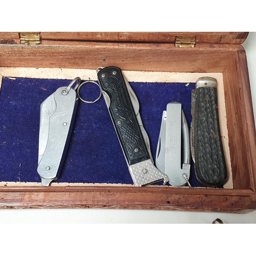 358 - A carved hardwood Box containing a collection of antique and vintage Pocket Knives including War Dep... 