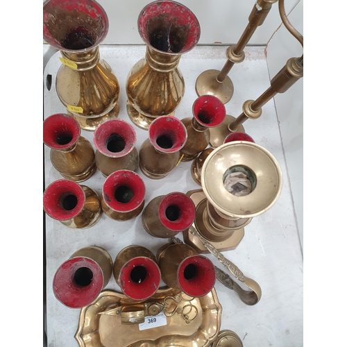 369 - A quantity of brassware including Vases, Candlesticks, Candle Snuffer and Tray, etc, (R5)