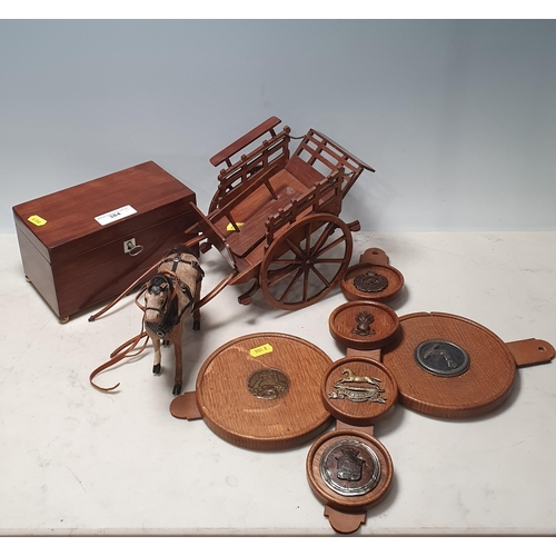 384 - A model of a horse and cart, a mahogany two-division Tea Caddy and two wooden and leather Straps con... 