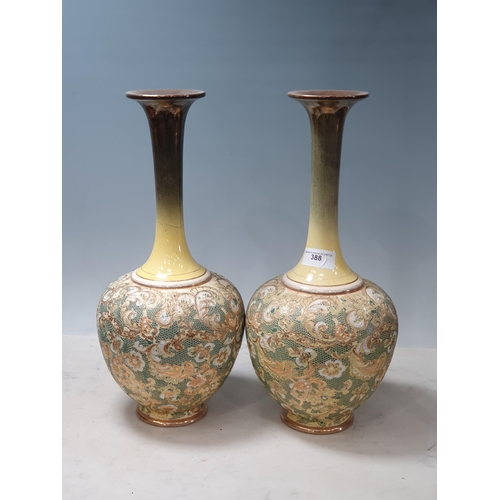 388 - A large pair of Doulton Slaters club shaped Vases with scrolled designs to the bodies, 16in H, one w... 