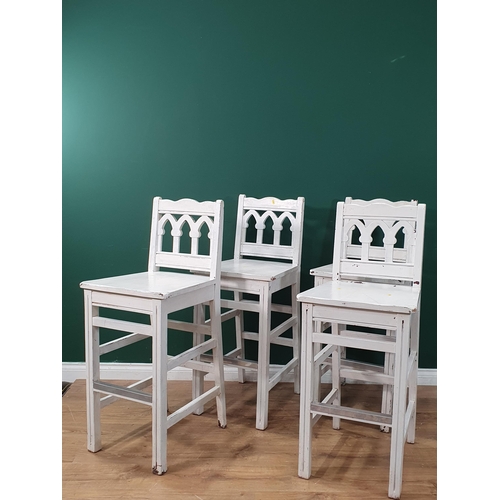 45 - A set of four white painted high Stools on squared supports and stretchers, seat height 2ft 6in, (R4... 