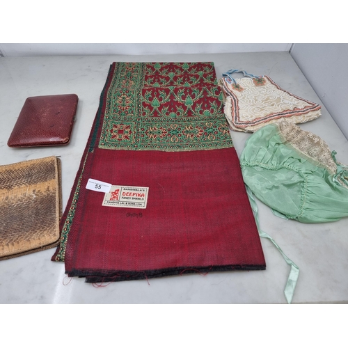 55 - An Indian Deepika Shawl, beadwork bag, embroidered Bonnet, Manicure Set and snakeskin Wallet (R3)