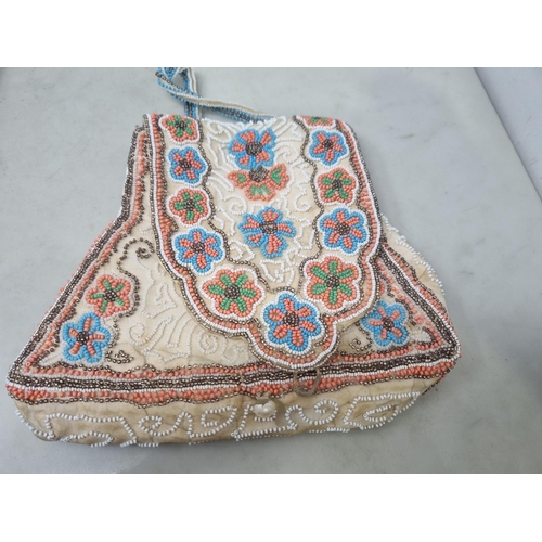 55 - An Indian Deepika Shawl, beadwork bag, embroidered Bonnet, Manicure Set and snakeskin Wallet (R3)